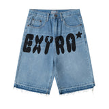 Men Jean Shorts Letter Printed Raw Edge Denim Shorts Men's Loose Street Straight Bermuda Shorts
