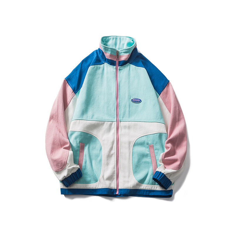 Men's Spring plus Size Retro Sports Color Matching Stand-up Collar Jacket Men's Loose All-Matching Top Men Jacket