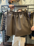 Leather Shorts Autumn Elastic Waist A- line Pants Solid Color Casual Pants Shorts
