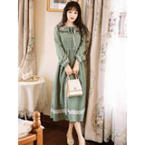 Green Fairycore Dress Autumn and Winter Artistic Retro Style Embroidered Mid-Length Long Sleeve Large Skirt