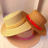 Sombreros Hat Summer Sun-Proof Flat Top Hat Chain Flat-Top Cap Straw Hat