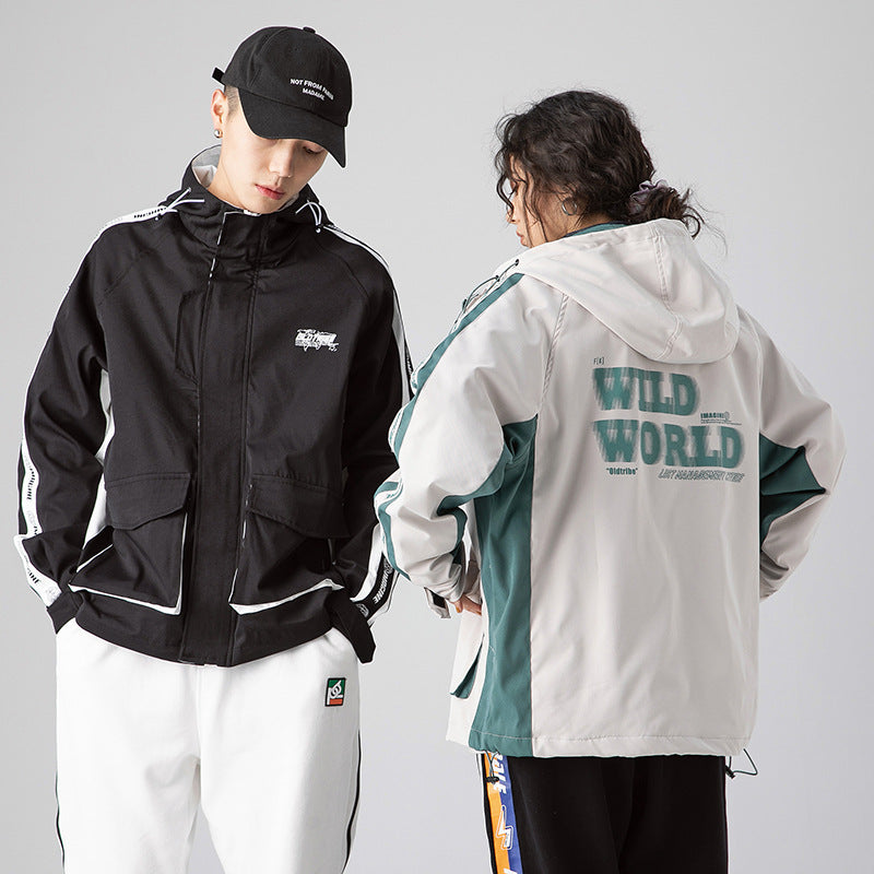 Men's Spring plus Size Retro Sports Hooded Jacket Men's Spring Shell Jacket Overalls Neutral Men Coat