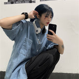 Harajuku Clothing Men's Casual Shirts Summer Denim Shirt Top Short Sleeve Loose Shirt for Men and Women