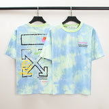 Summer Ow Cel Shading Arrow Print Roundneck Tshirt Color Matching Tiedyed Casual Short Sleeve Men And Women Owt