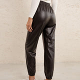 Leather Leggings Loose Casual Biker Leather Trousers Elastic Waist PU Leather Ankle-Tied Leather Pants