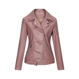 Hot Pink Motorcycle Jacket Autumn and Winter Zipper Pu Long Sleeve Lapel Leather Coat Slim Fit
