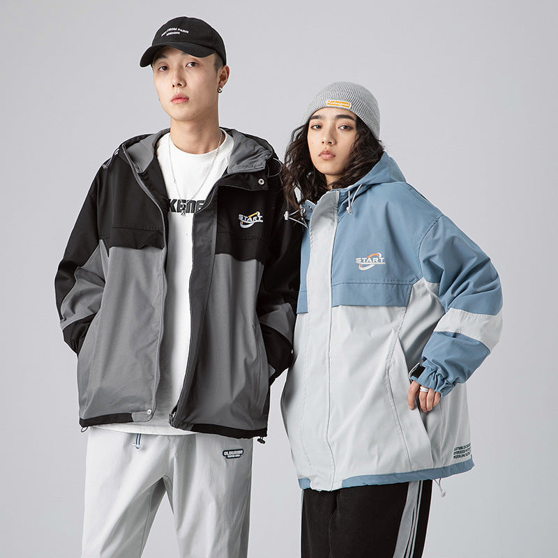 Men's Hooded Jacket Men's Large Size Sports Retro Spring Couple Color Matching Oversize Jacket Men's Loose Fashion Brand Top Men Jacket