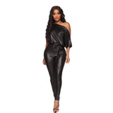 Faux Leather Pants Fall Strap Off-The-Shoulder Sex Slim Fit One-Piece Leather Pants