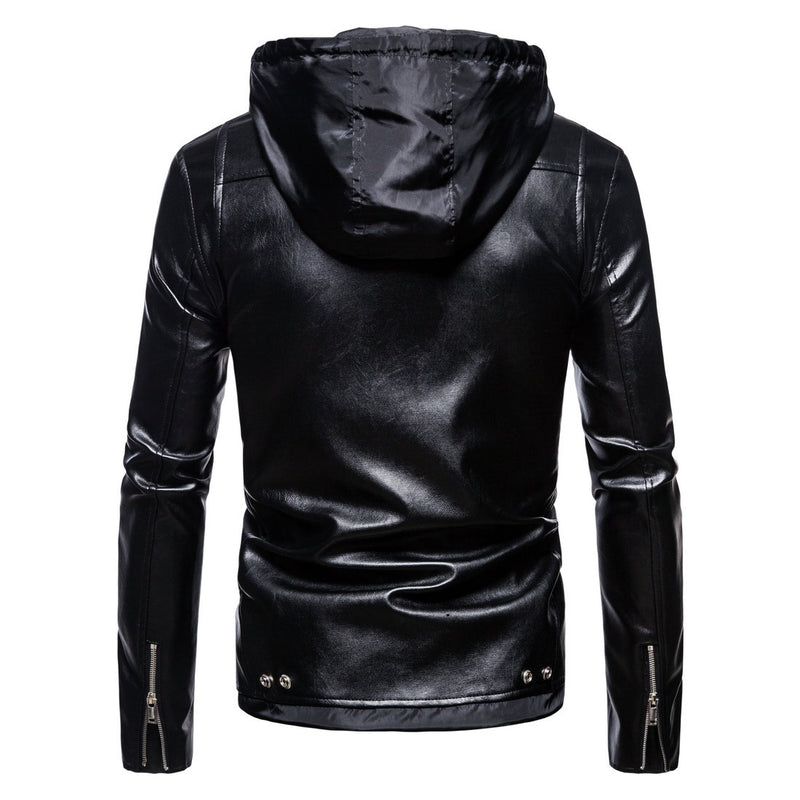 Men's Fall plus Size Men's Detachable Hat Motorcycle Leather Jacket PU Leather Jacket Coat Men Winter Outfit