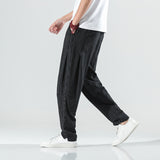 Men Casual Pants plus Size Loose Trousers Summer Men's Striped Casual Pants Loose Cotton Linen Fabric Retro Wide Leg Ankle-Tied Harem Pants