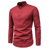 Men's Spring Shirts Casual Collar Tops Shirt Spring and Autumn Cotton Linen Long Sleeve Blouse Men's Solid Color Stand Collar Shirt Fashion