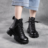 Coachella Cowboy Boots Vintage Low-Cut Lace Up Chunky Heel Autumn and Winter Leather Ankle Boots