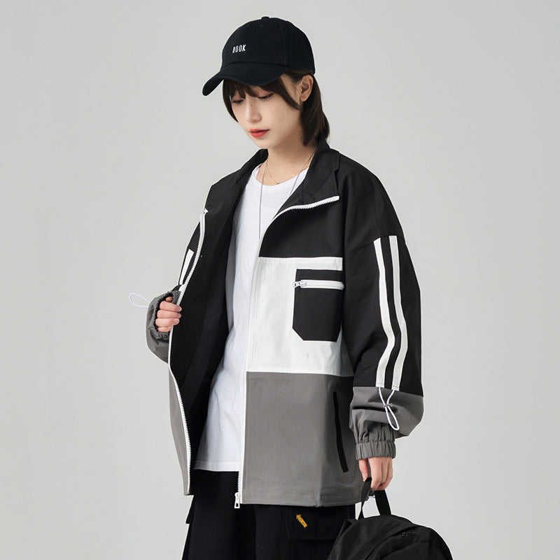 At Men's Spring Youth plus Size Retro Sports Jacket Men's Color Contrast Patchwork Stand Collar Jacket Student Jacket Men Jacket