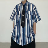 Harajuku Clothing Men's Casual Shirts Summer Retro Striped Printed Short Sleeve Shirt Male and Female Overalls Shirt