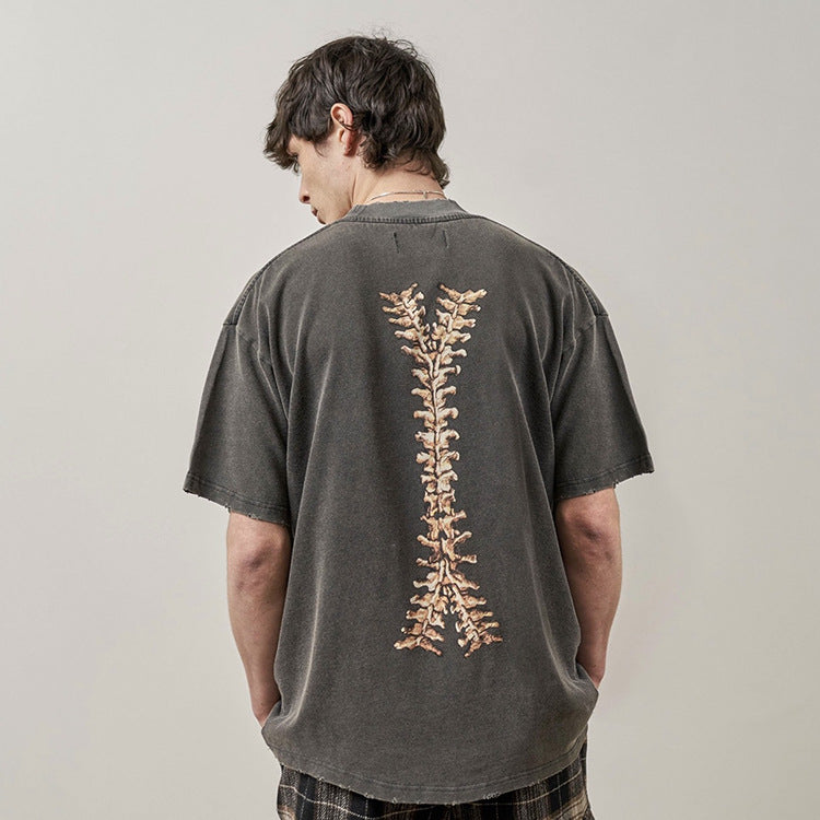 Present Letter Print T Shirt Present Skeleton Print High Street Retro Washed Distressed Vintage Casual Loose Couple Short Sleeve T-shirt