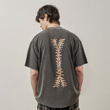 Present Letter Print T Shirt Present Skeleton Print High Street Retro Washed Distressed Vintage Casual Loose Couple Short Sleeve T-shirt