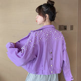 Pearl Jean Jacket Purple Top for Women Autumn Loose Denim Jacket for Women