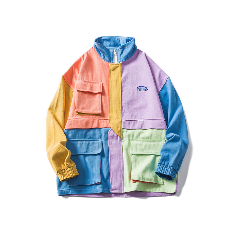 Menswear Fashion Brand Couple Workwear Jacket Men's Color Stitching Stand-Collar Jacket Male Student plus Size Retro Sports All-Match Jacket Men Shacket Men Jacket