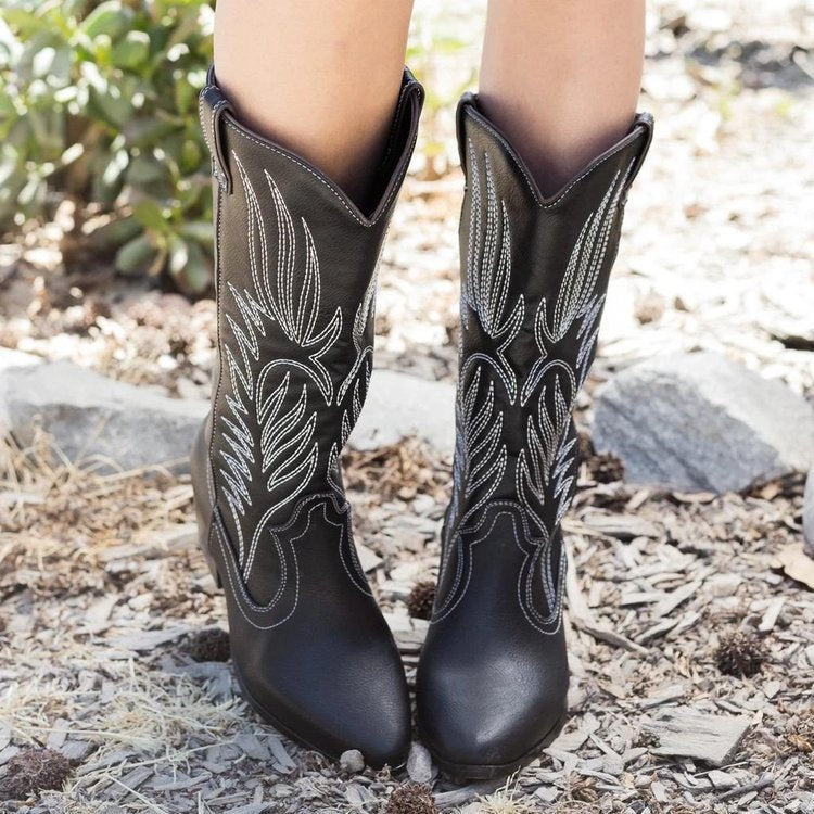 Coachella Ankle Boots Autumn Mid-Calf Length Knight Boots Embroidered Mid Heel Snow Boots