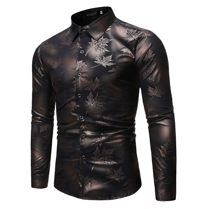 Men's Casual plus Size Men's Fashion Shirt Maple Leaf Pattern Bronzing Printed Long Sleeve Shirt Men Shirt