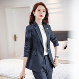 Women Pants Suit Uniform Designs Formal Style Office Lady Bussiness Attire Striped Slim Fit Work Clothes