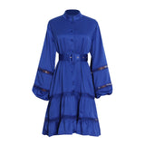 Green Fairycore Dress A- line Dress Autumn Small Stand Collar Single-Breasted Hollow out Stitching Lantern Sleeve Dress