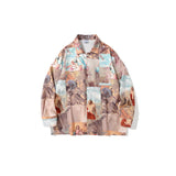 Mens Fall Outfits Vintage Long Sleeve Printed Shirt Loose Baggy Couple Shirt