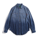 Men Shacket Long Sleeve Autumn Shirt Autumn Gradient Color Washed-out Vintage Denim Shirt