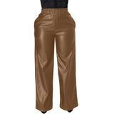 Faux Leather Pants Solid Color Waist Tight Loose Wide Leg Double Pocket PU Leather Pants Women