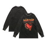 Mens Fall Outfits Punk Retro Flame Love Long Sleeve T-shirt Hip Hop Distressed Loose Oversize Sweater