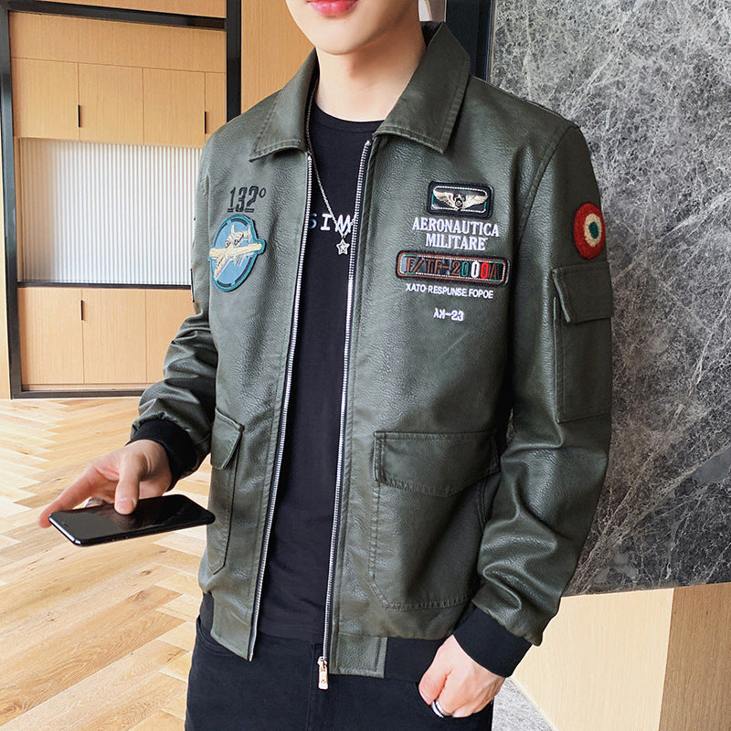 Hand Painted Leather Jackets Men's Leather Slim Fit Autumn and Winter Motorcycle Clothing Embroidered Flight Suit