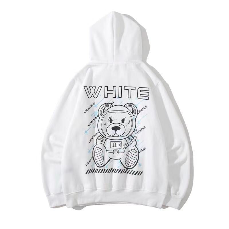 Autumn And Winter Astronaut Bear Pattern Velvet Padded Hooded Sweatshirt Men And Women Same Style