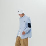 Men Shacket Long Sleeve Autumn Shirt Loose Long Sleeve Striped Embroidered Lapel Shirt for Men