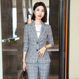 Women Pants Suit Uniform Designs Formal Style Office Lady Bussiness Attire Plaid Blazer Female