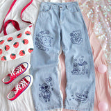 Anime Print Jeans Denim Pants Jeans Loose plus Size Retro Sports Trousers