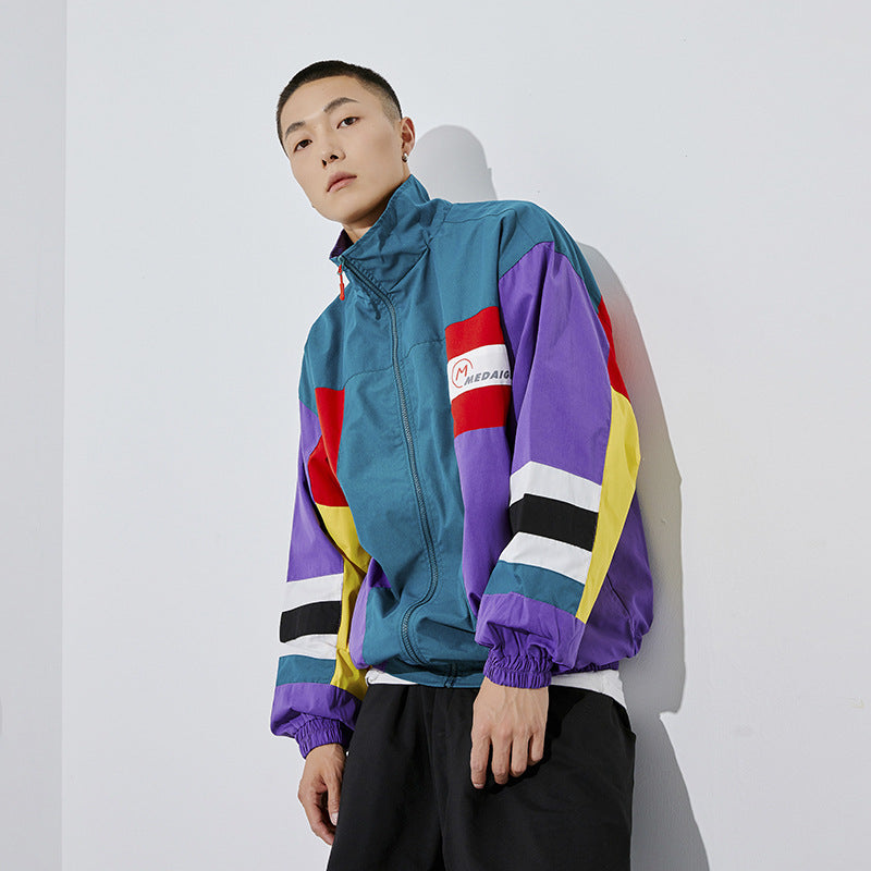 80's Colorful Leather Jacket Autumn School Uniform Sports Jacket Men Lapel Bboy Skateboard Coat Top