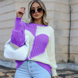 Valentine's Day Outfits Autumn and Winter round Neck Bell Sleeve Love Heart Contrast Color Knitted Sweater