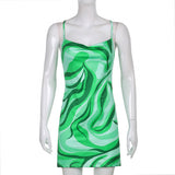 Green Fairycore Dress Abstract Seaweed Printed V-neck Small Sling Dress for Women