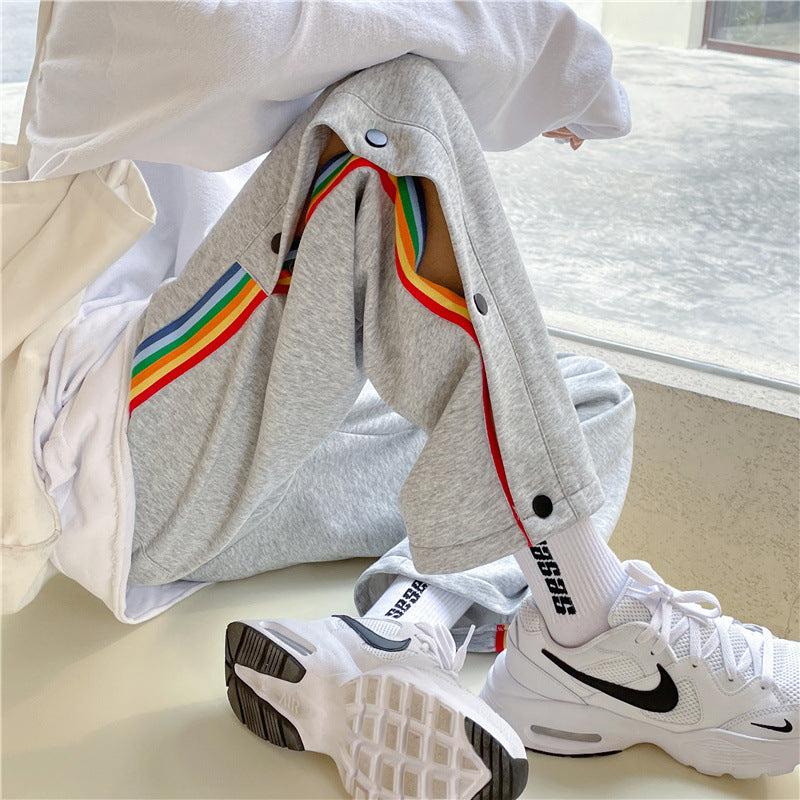 Men Pants Loose Breasted Wide Leg Pants Striped Sports Pants