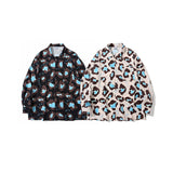 Mens Fall Outfits Loose Cartoon Leopard-Print Long-Sleeved Shirt Casual Top