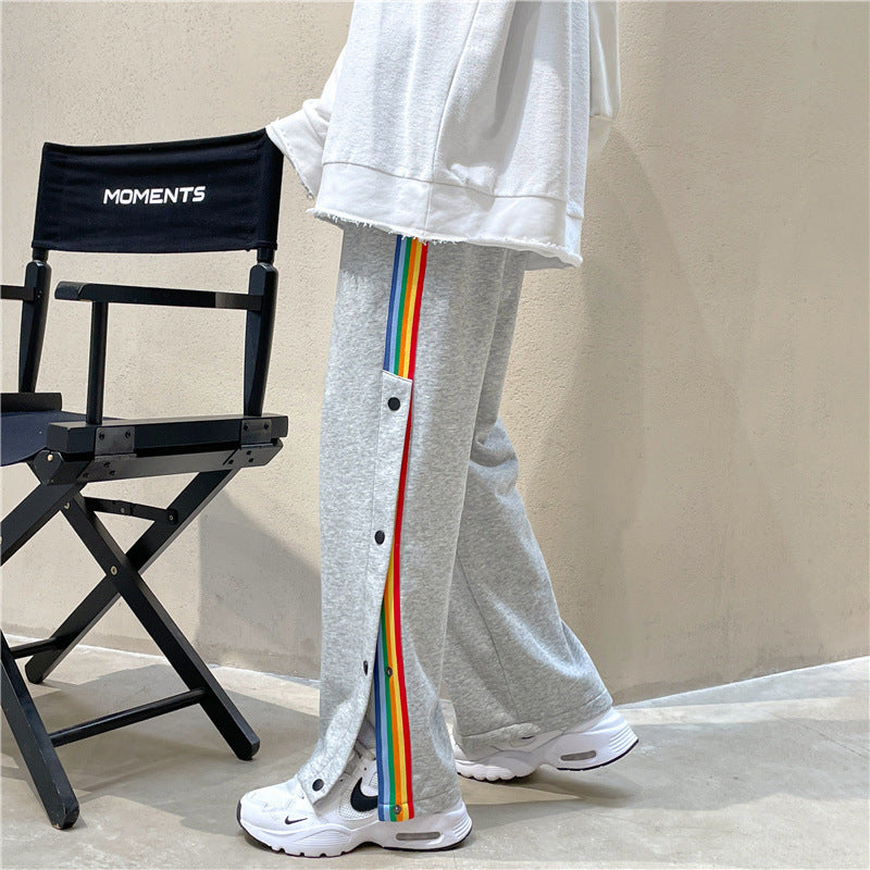 Men Pants Loose Breasted Wide Leg Pants Striped Sports Pants