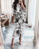 Red Peasant Dress Summer Long-Sleeve V-neck Buttons Printed Dress Long Dress Women's Dress