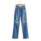 100 Cotton Jeans Women Autumn High Waist Ripped Burr Denim Trousers Women Washed and Frayed Wide-Leg Straight Pants