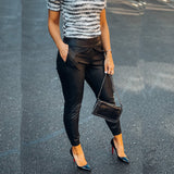 Leather Leggings Women's Casual Pants Pu High Waist Tight Pocket Leather Pants Female Stretch Women's Pants