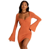 Green Fairycore Dress Fall Fashion Flared Sleeves Square Collar Sexy Low-Cut Slim Fit Sheath Dress for Women