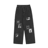 Men's Pants Summer Trousers Cartoon Embroidered Jeans Men's Baggy Straight Trousers Boyfriend Harajuku Style Street Trendy Trousers