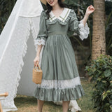 Green Fairycore Dress Doll Collar Mesh Slimming Patchwork Dress