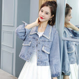 Pearl Jean Jacket Women's Spring and Autumn Loose Nail Pearl Denim Jacket
