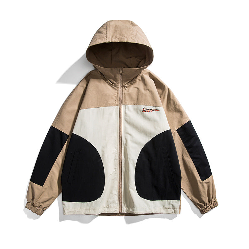 Spring plus Size Retro Sports Color Contrast Patchwork Hooded Jacket Male Student Jacket Men Jacket