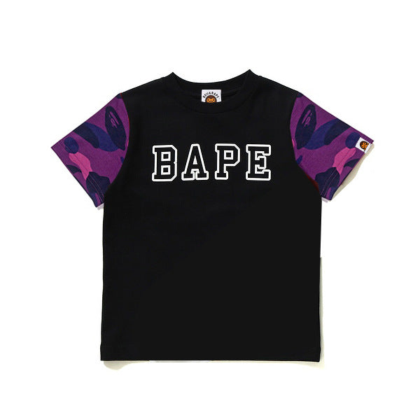 A Ape Print For Kids T Shirt Children 'S Clothing Blue And Purple Camouflage Round Neck Short Sleeve